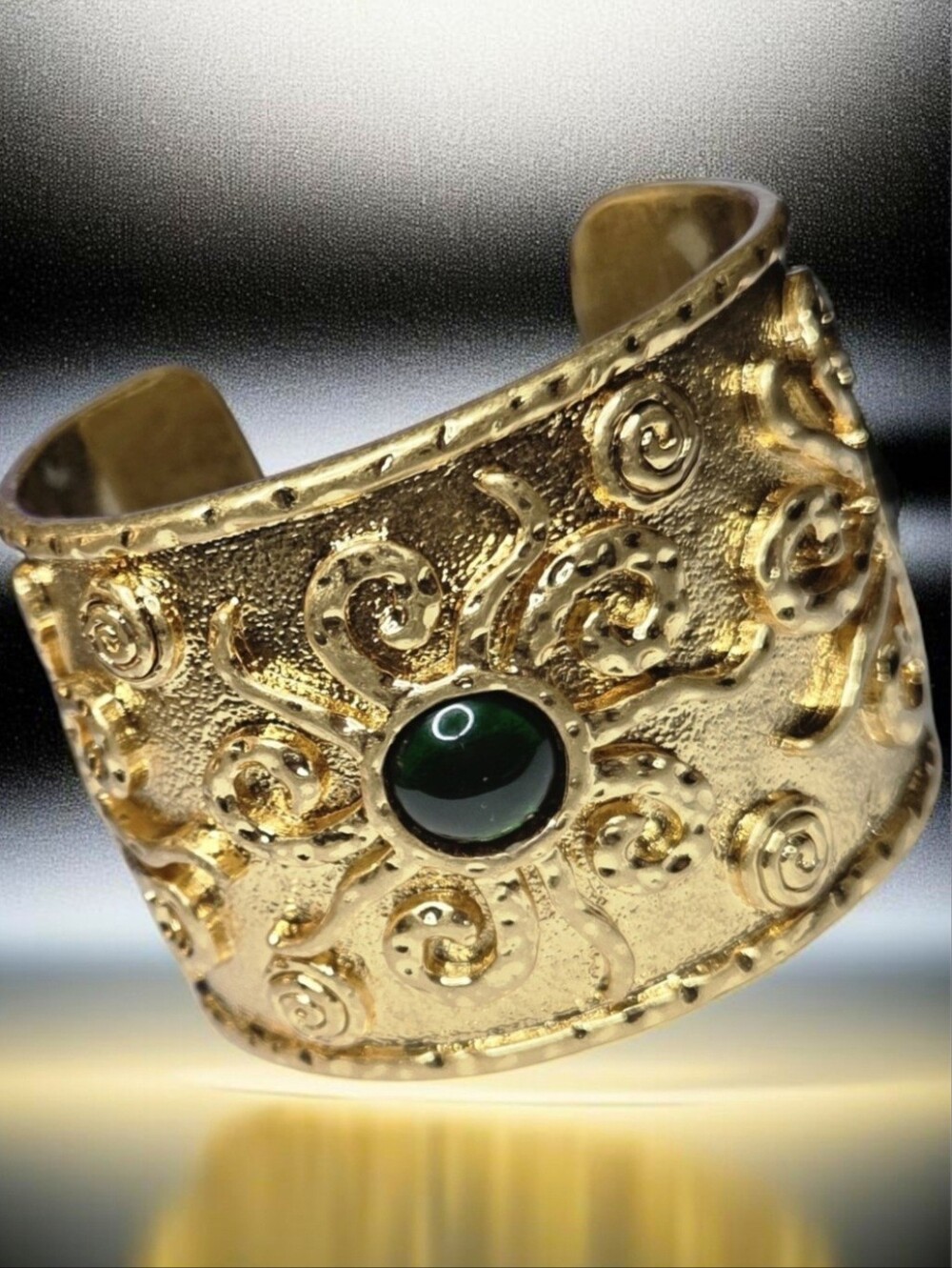 Catwalk Jon 18k Gold Plated Etruscan Sun Emerald Glass Cabochon Cuff Bracelet